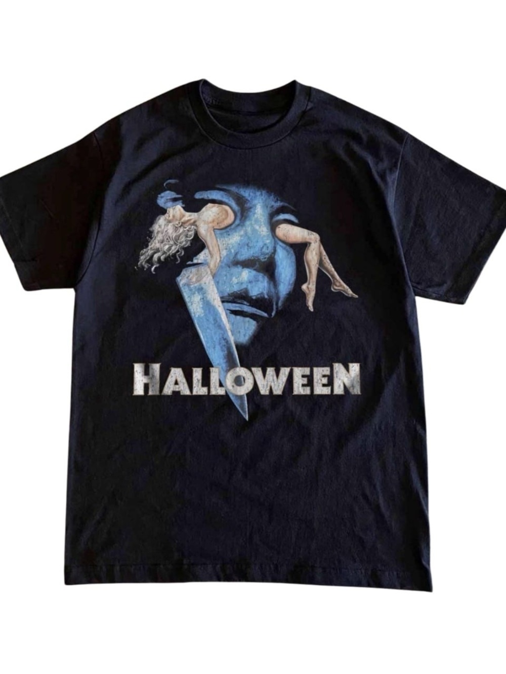 Black Halloween Graphic Tee with Blue Face and Beige Accents